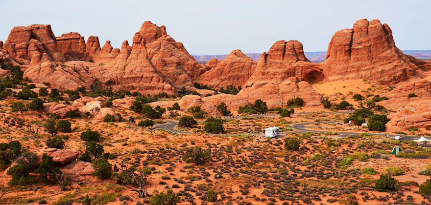 RVs camp in Devils Garden campground in Arches National Park.