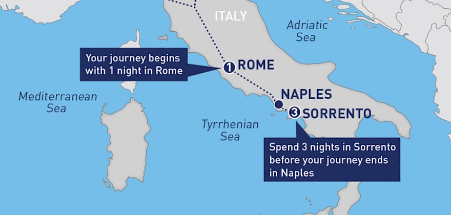 Map of Italy and the route of a tour