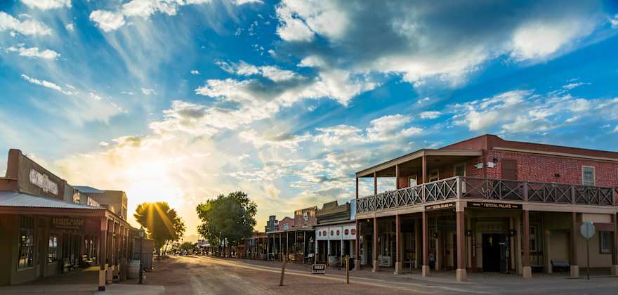 The sun shines on the empty streets of historic Tombstone, Arizona