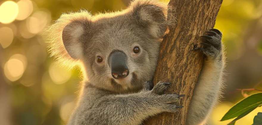 Koala hanging onto a tree.
