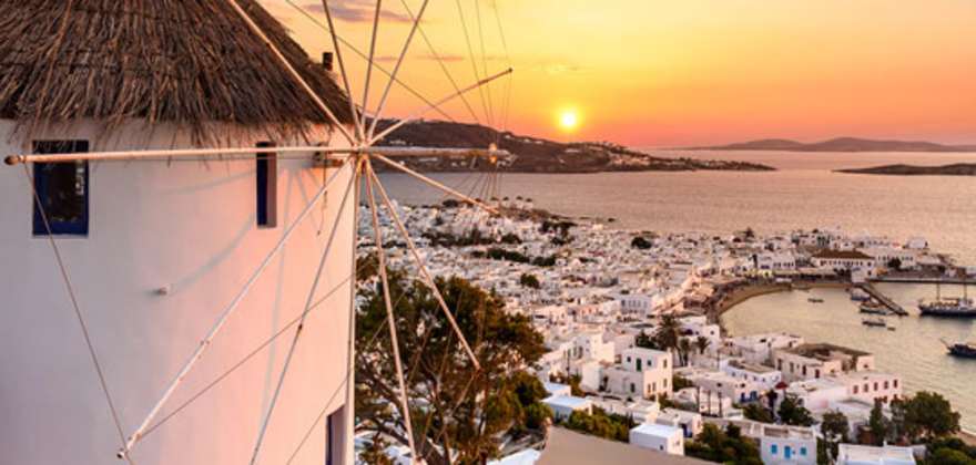 Windmill overlooking the water in Mykonos. 