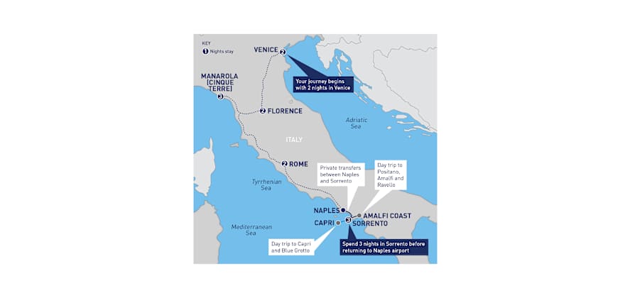 map of the best of italy, cinque terre and the amalfi coast route
