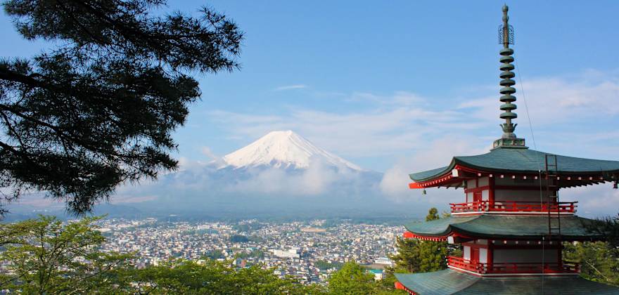 temple and mount fuji in japan