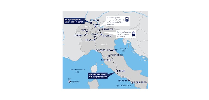 map of gems of italy and switzerland route