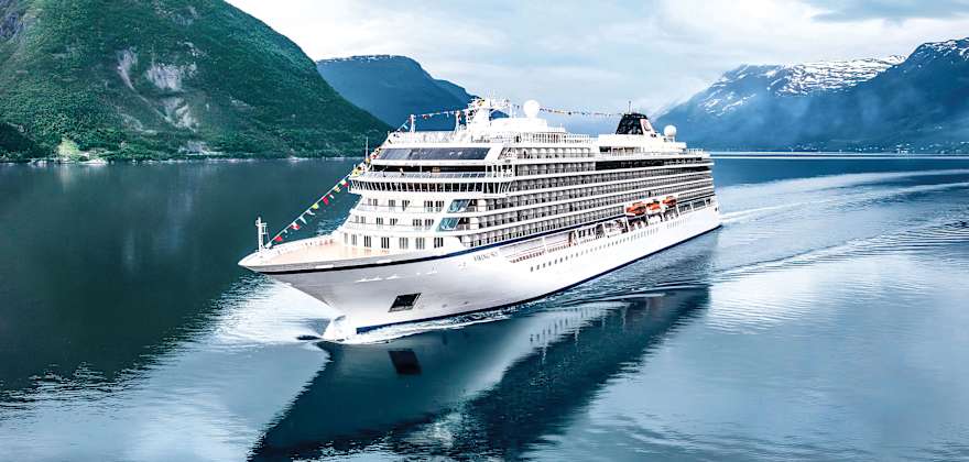 A Viking cruise ship at sea near Norway.