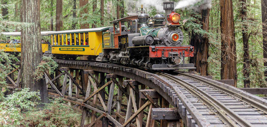A steam train goes through redwood trees at Roaring Camp in Felton, California.