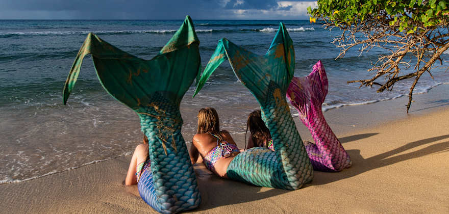 A group of mermaids lounge on a beach.
