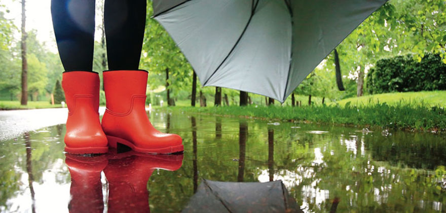 Red rain boots in a puddle
