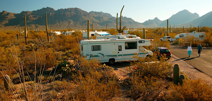 An RV parked at a campsite at Gilbert Ray Campground in Tucson Mountain Park.