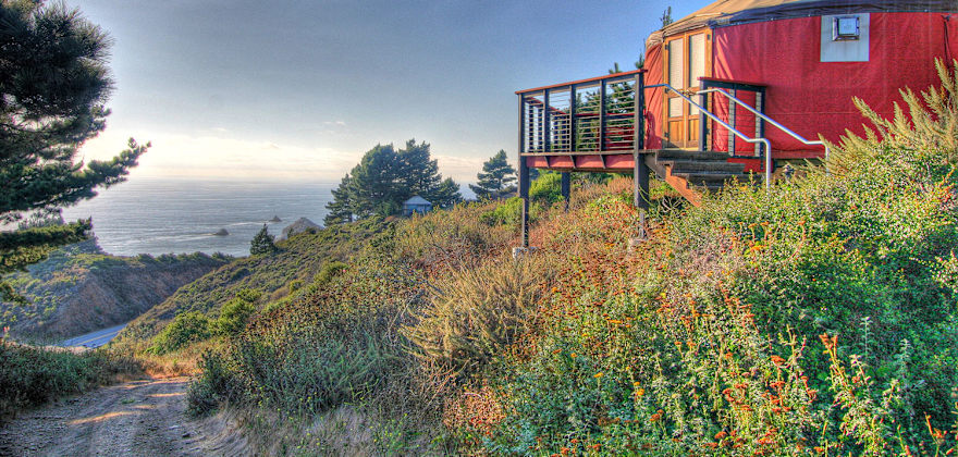 yurt overlooking the Pacific Ocean at Treebones Resort in Big Sur, California.