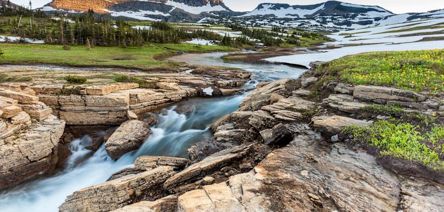 A stream cuts through Logan Pass in Montana's Glacier National Park in early summer.
