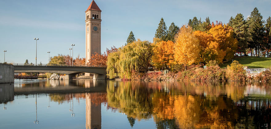 Clock tower along the river in Spokane, Washington.