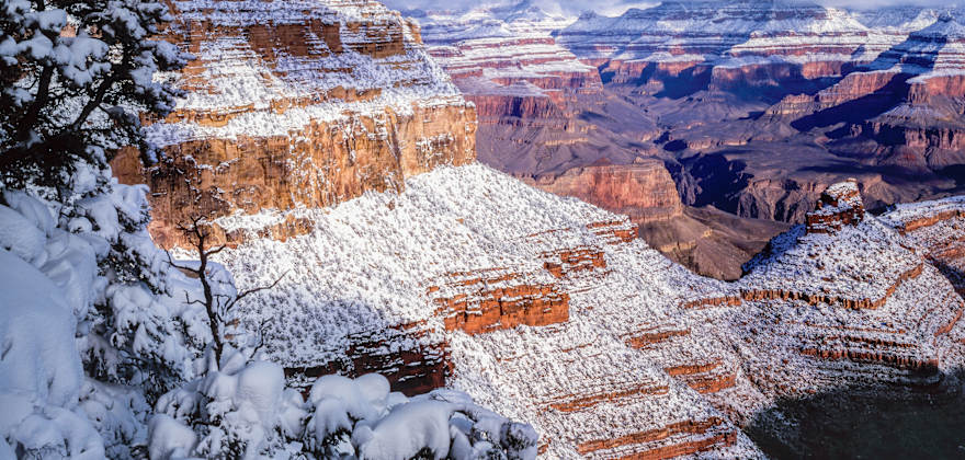 The Grand Canyon covered in snow.