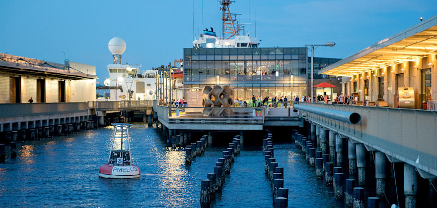 exterior view at twilight of The Exploratorium at Pier 15 in San Francisco, California.