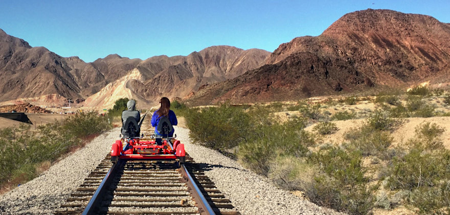 A family rides railbikes in Carson City, Nevada.