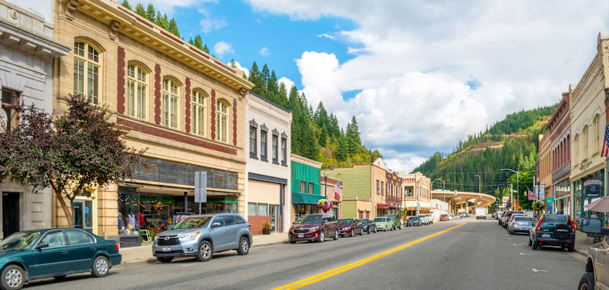 A road through downtown Wallace, Idaho.