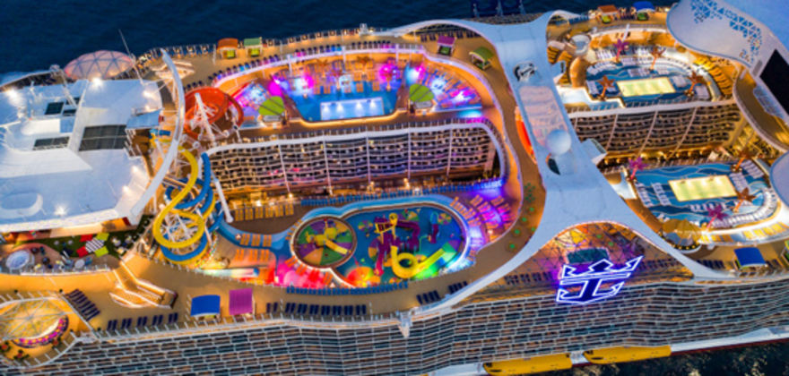 aerial view of royal caribbean ship at sea at night
