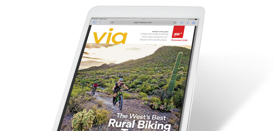 Via Magazine March April 2023 digital magazine cover on a tablet.
