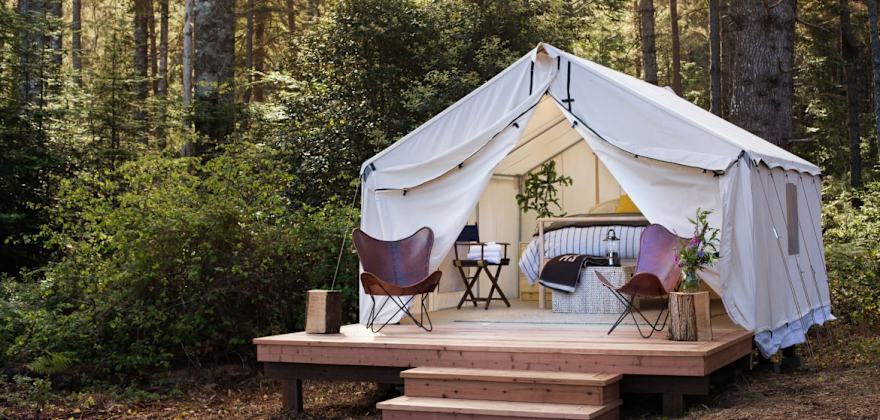 Glamping tent at Mendocino Grove in Mendocino, California.