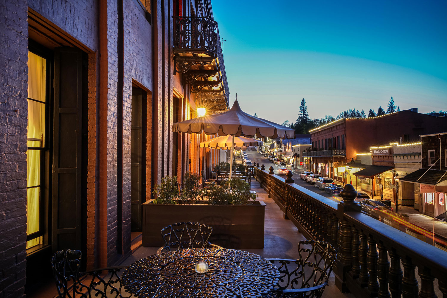 Outside the National Exchange Hotel in Nevada City, California at dusk.