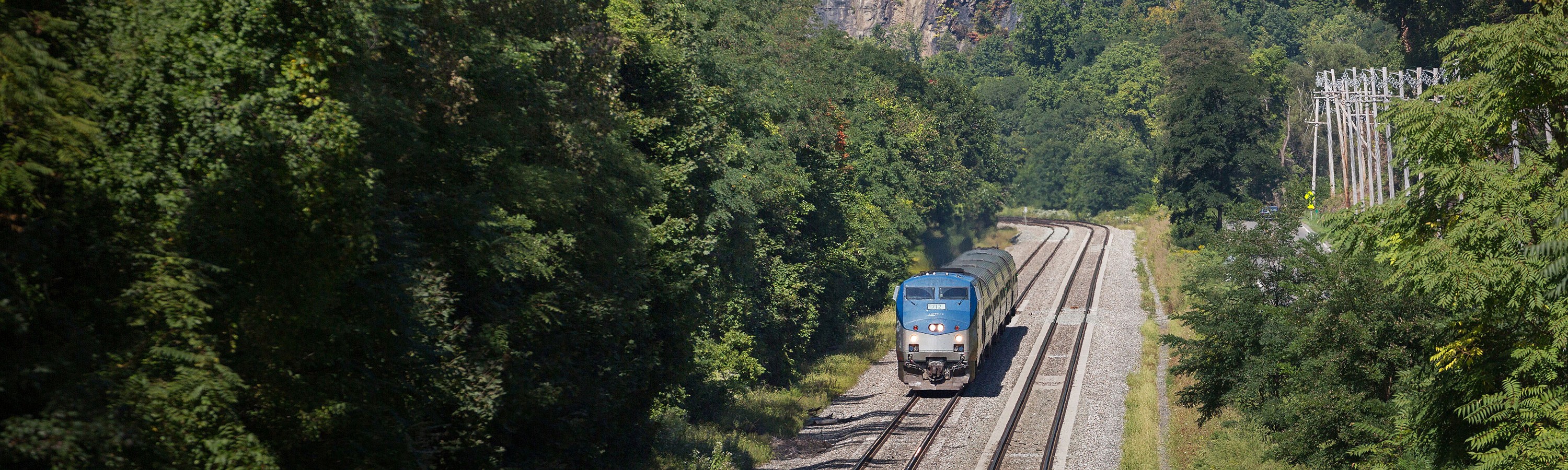 Amtrak's Empire Builder train on a forested railroad track.