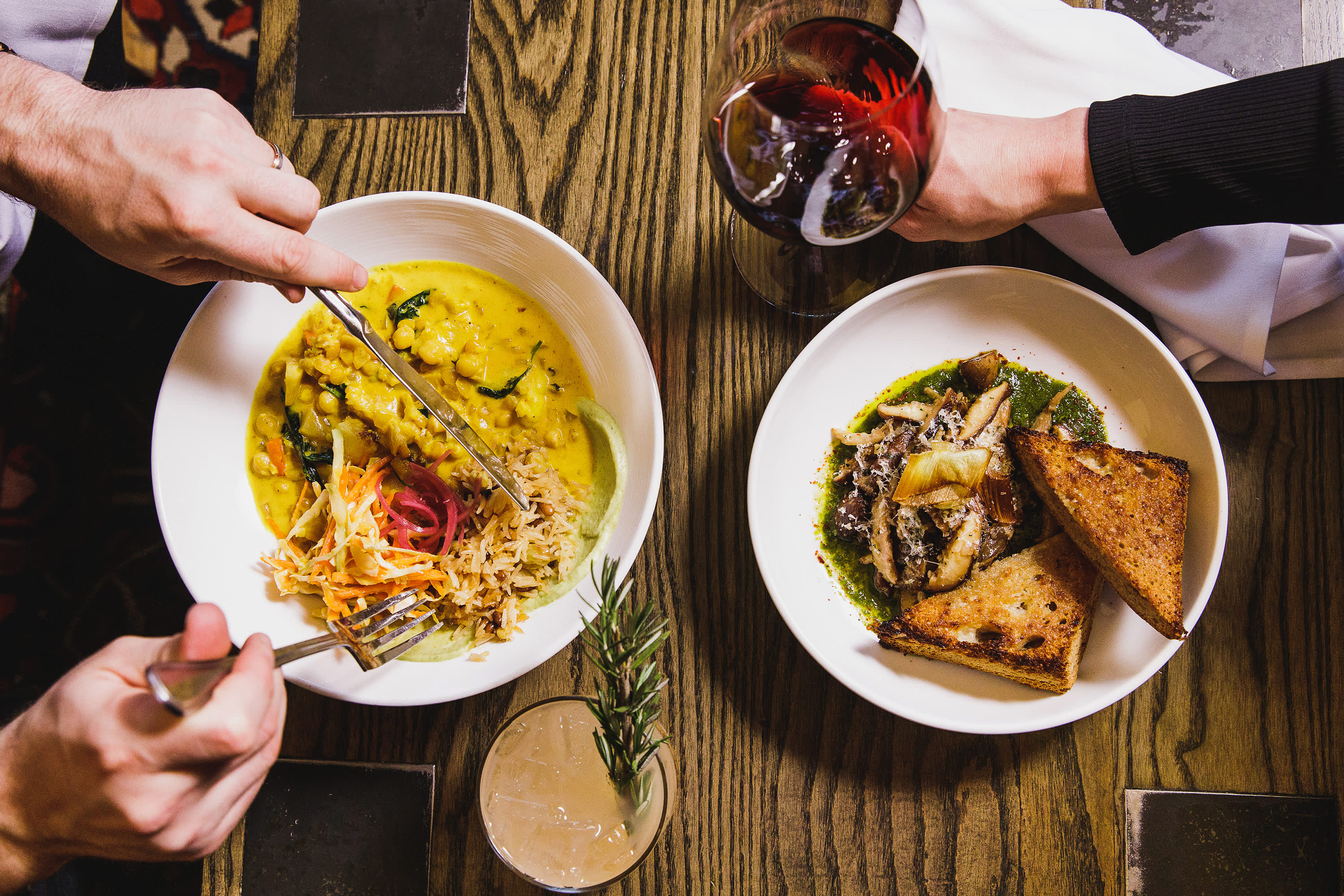 Dinner on the table at urban wine bar Plonk in Missoula, Montana.