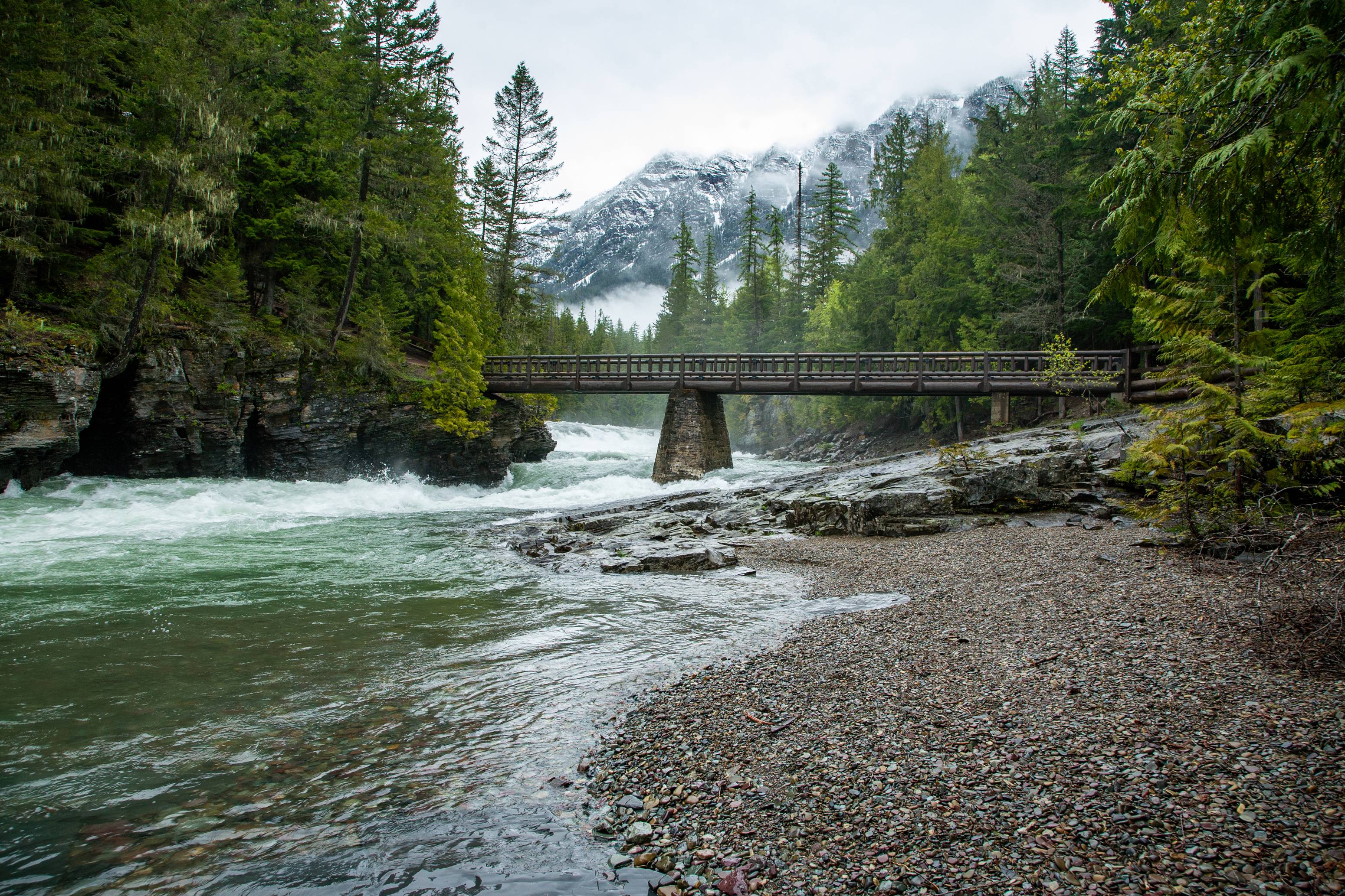 Bridge over McDonald Creek on a spring day.