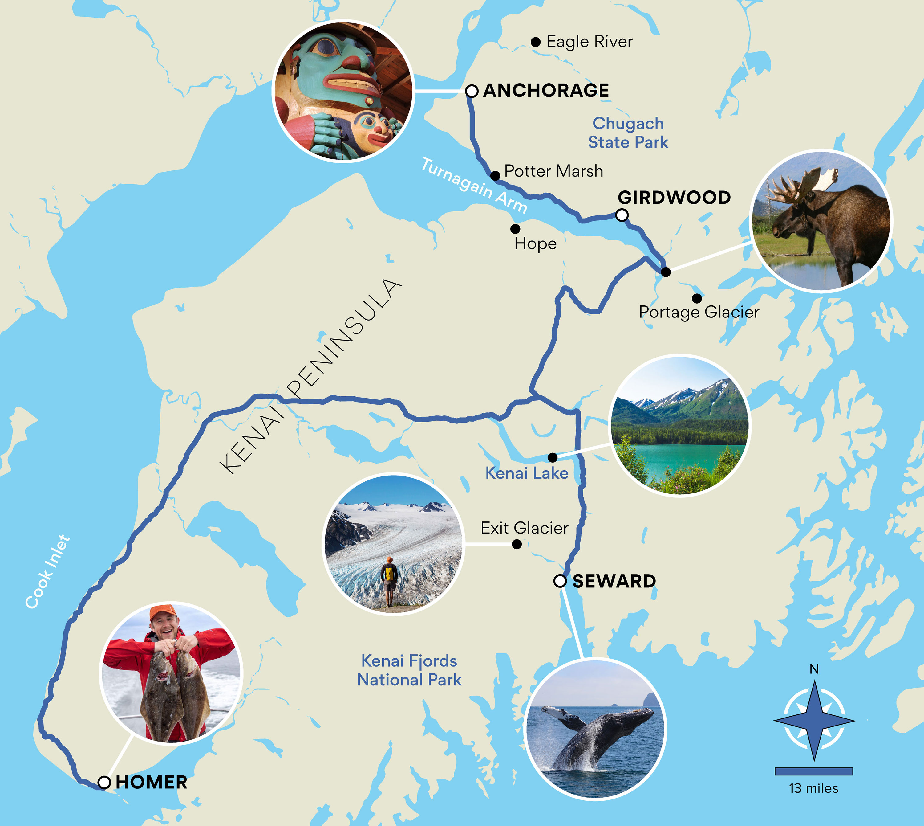 Map of road trip route from Anchorage to Homer, Alaska and back.