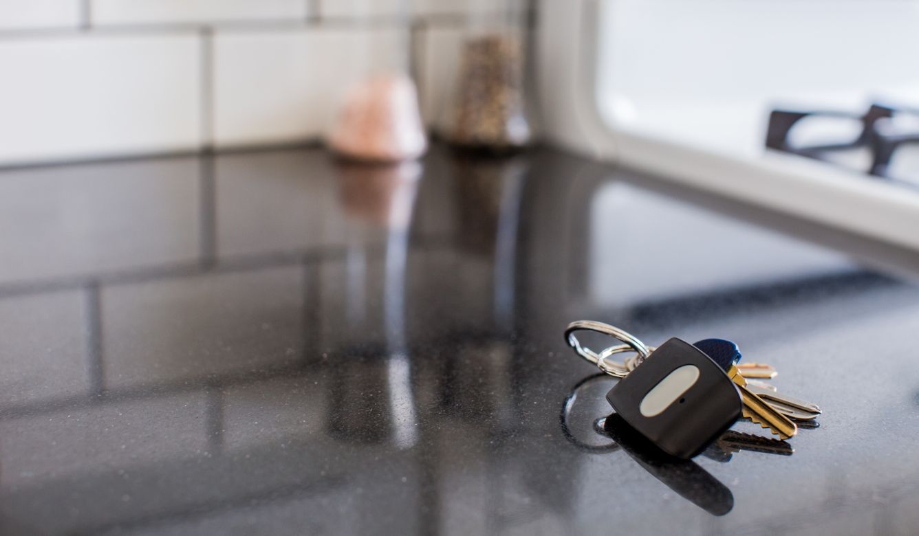 Panic button and keys laying on counter