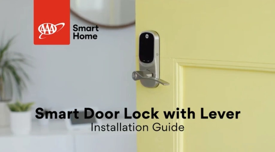 a smart door lock with lever on a yellow door