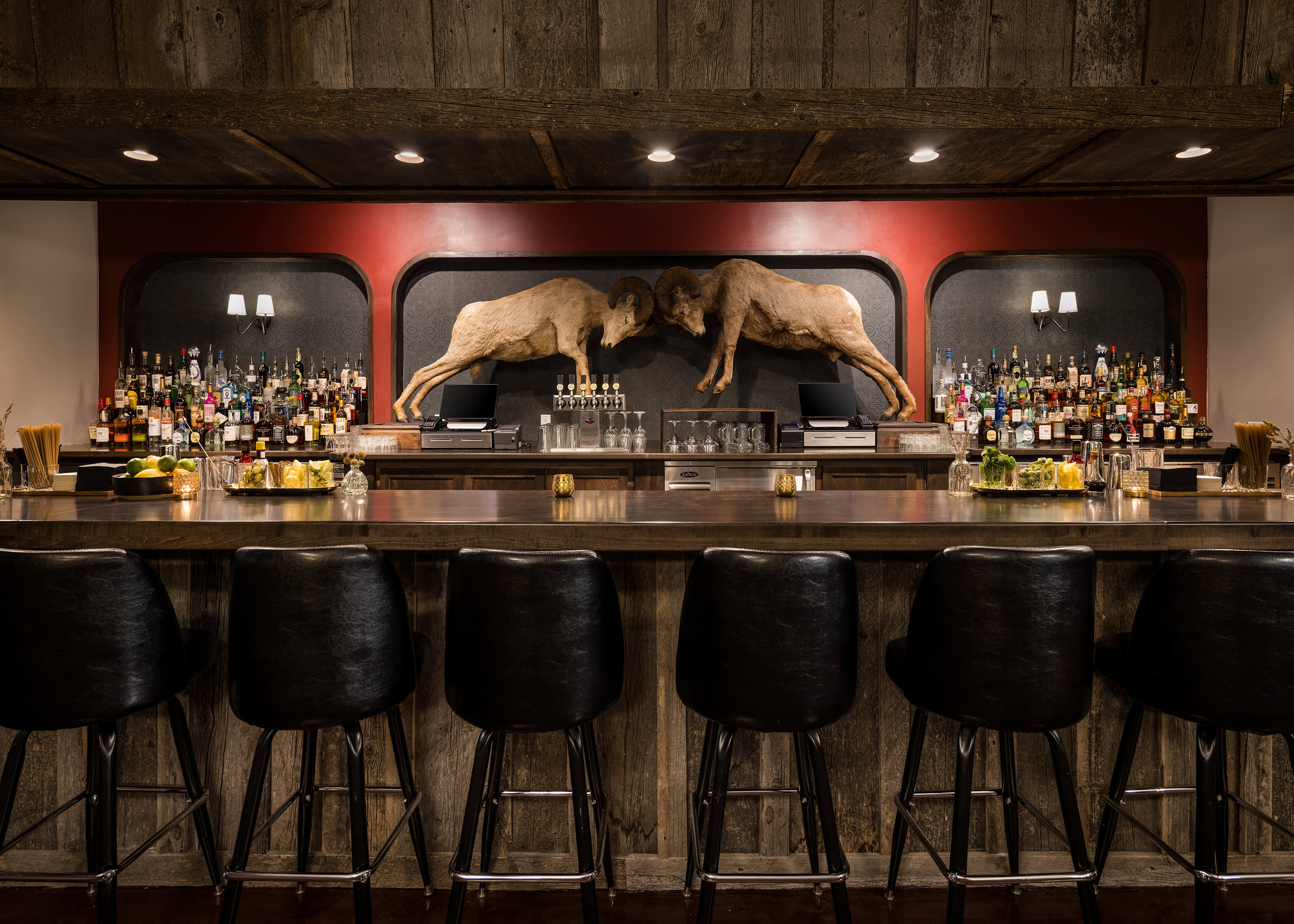 Bar stools lined up along the Virginian Saloon's stylish bar. 