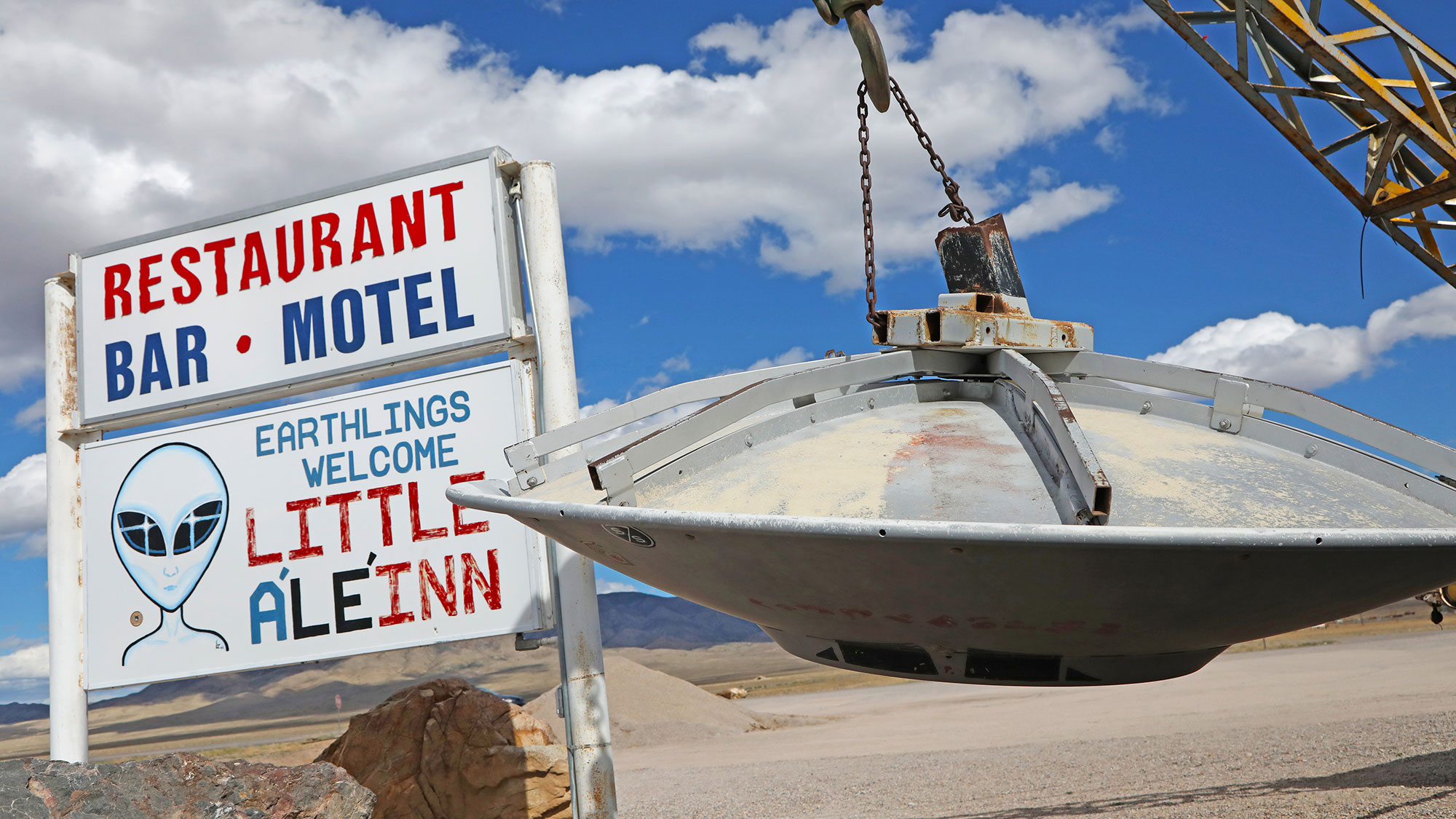 A UFO hangs outside of Little A’Le’Inn.