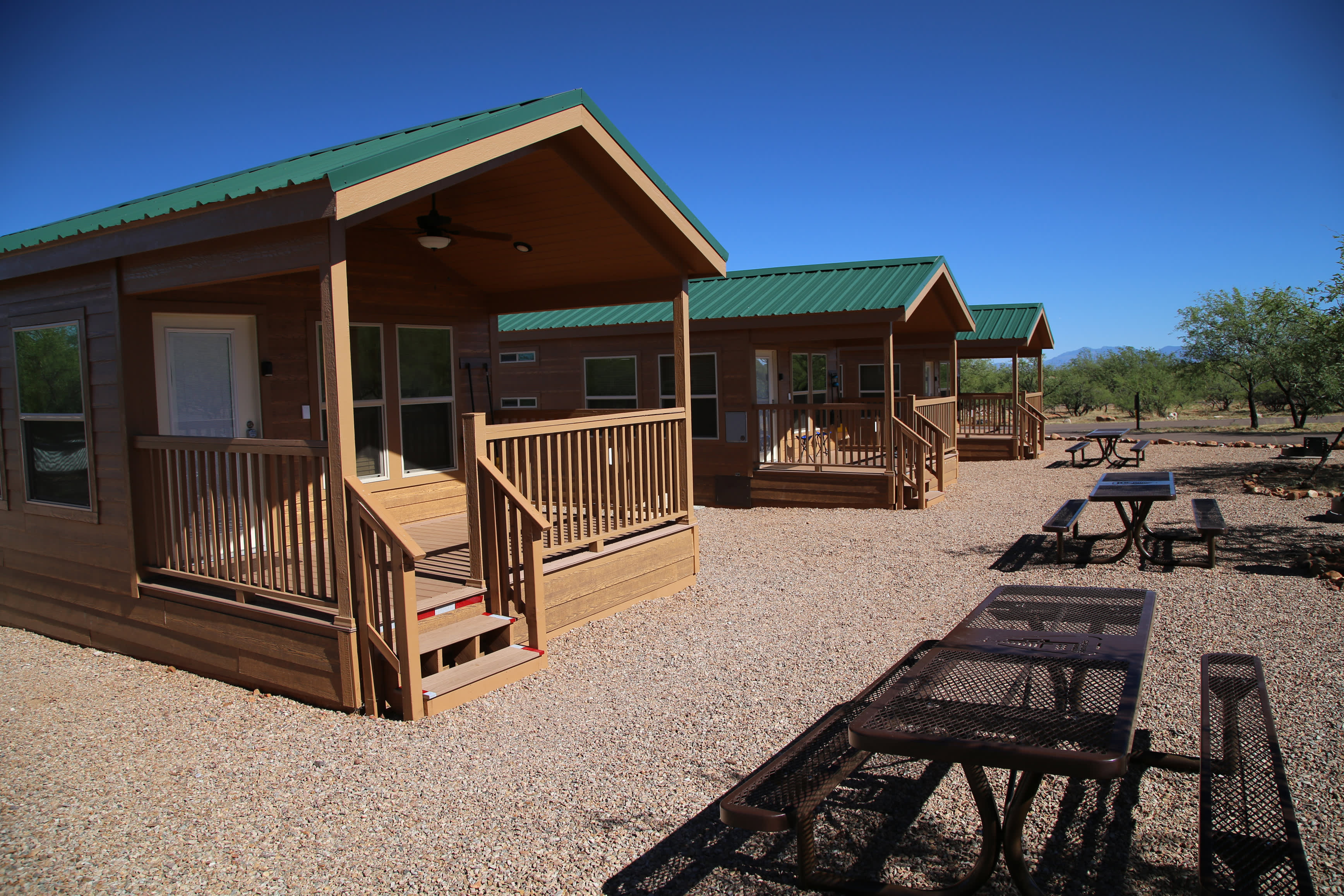 Wood cabins at Kartchner Caverns State Park Campground in Benson, Arizona.