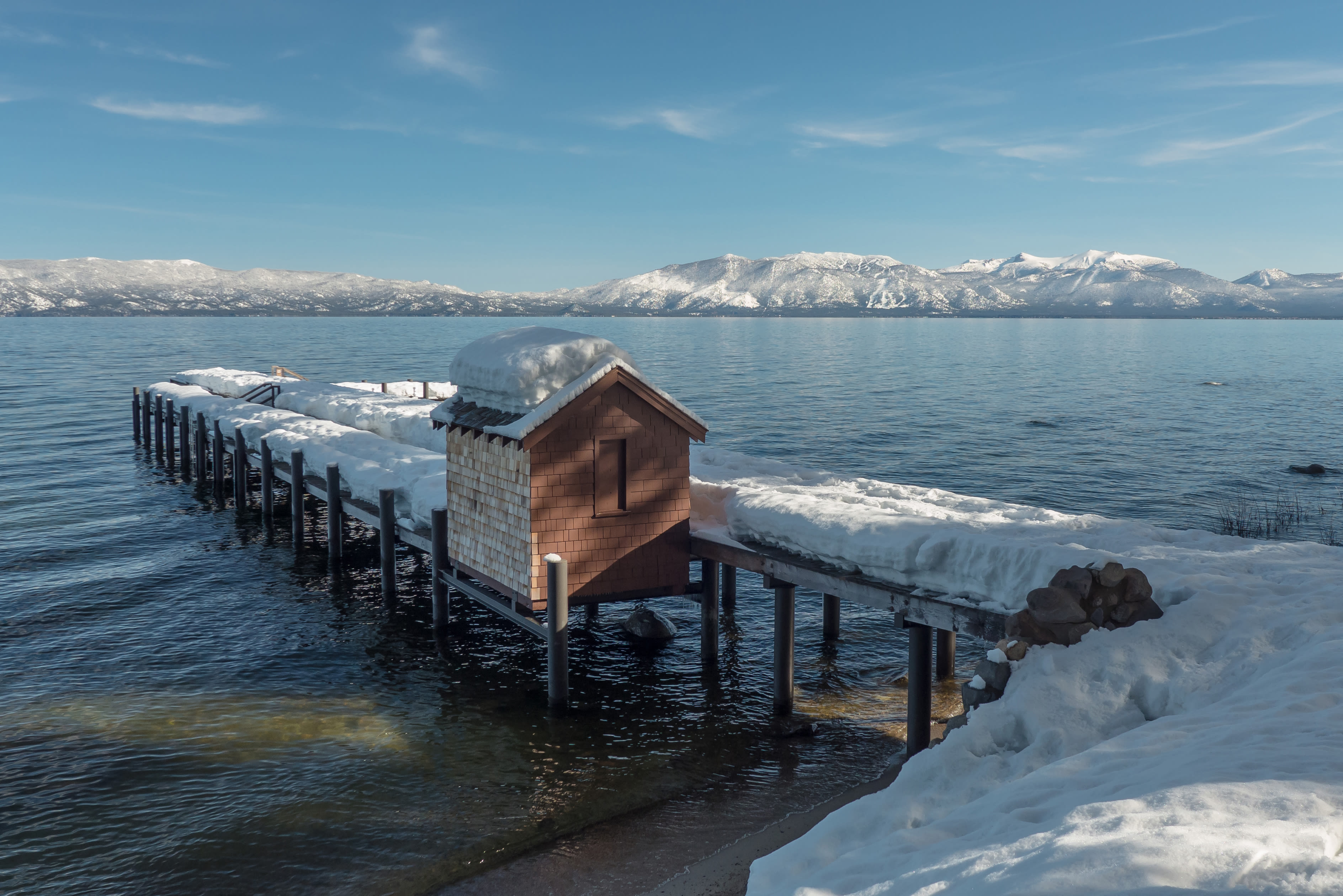 Snow on the dock at Ed Z’berg Sugar Pine Point State Park.