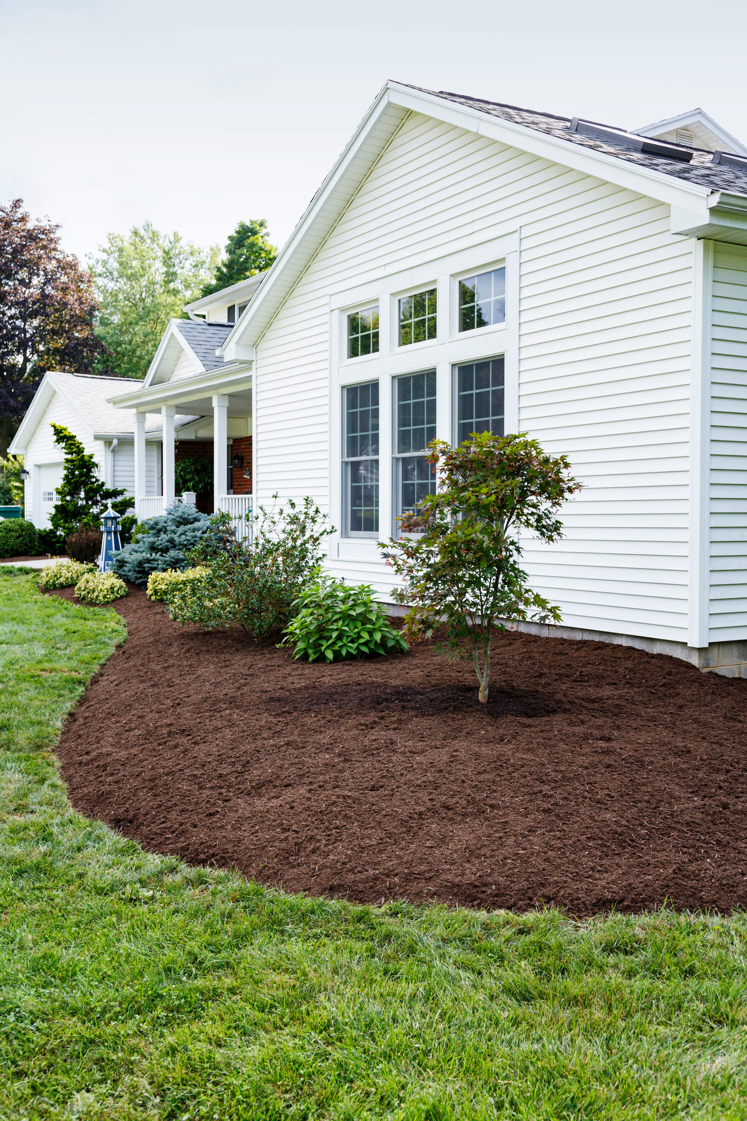 Mulch covers a new planting area outside a white house.