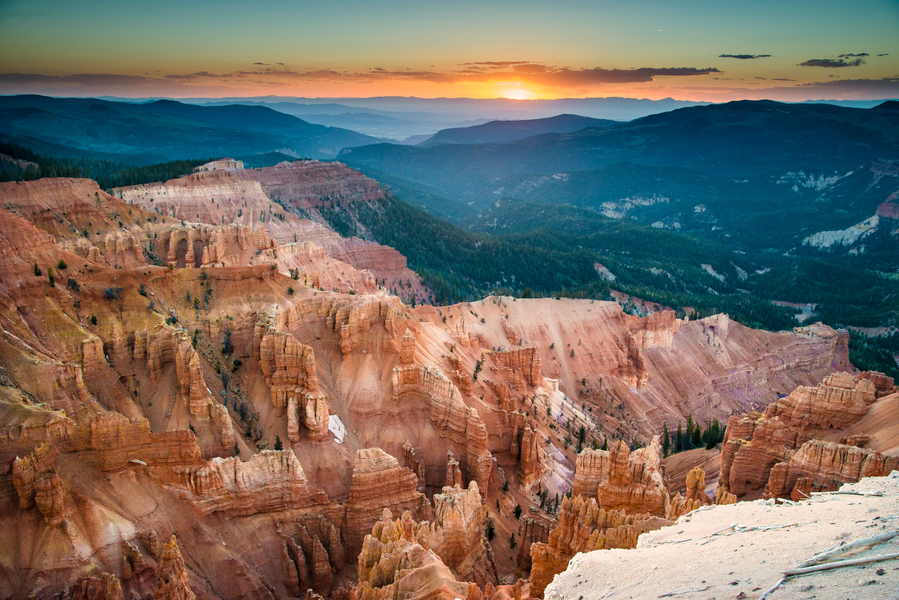 The sun dips below the horizon at Cedar Breaks National Monument, Utah.