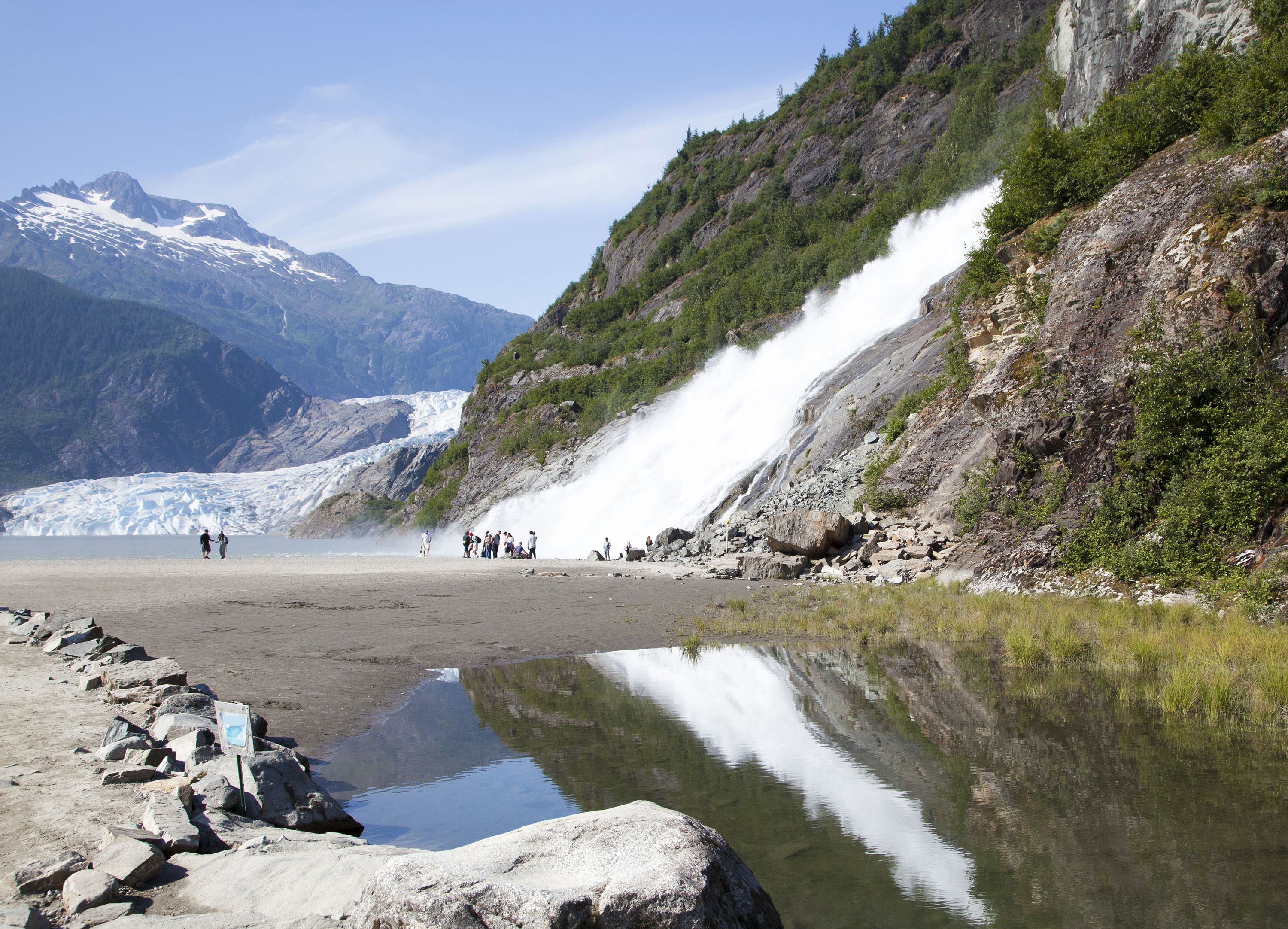 The view of Nugget Falls and Mendenhall Glacier in Mendenhall Glacier Recreation Area in Juneau, Alaska.