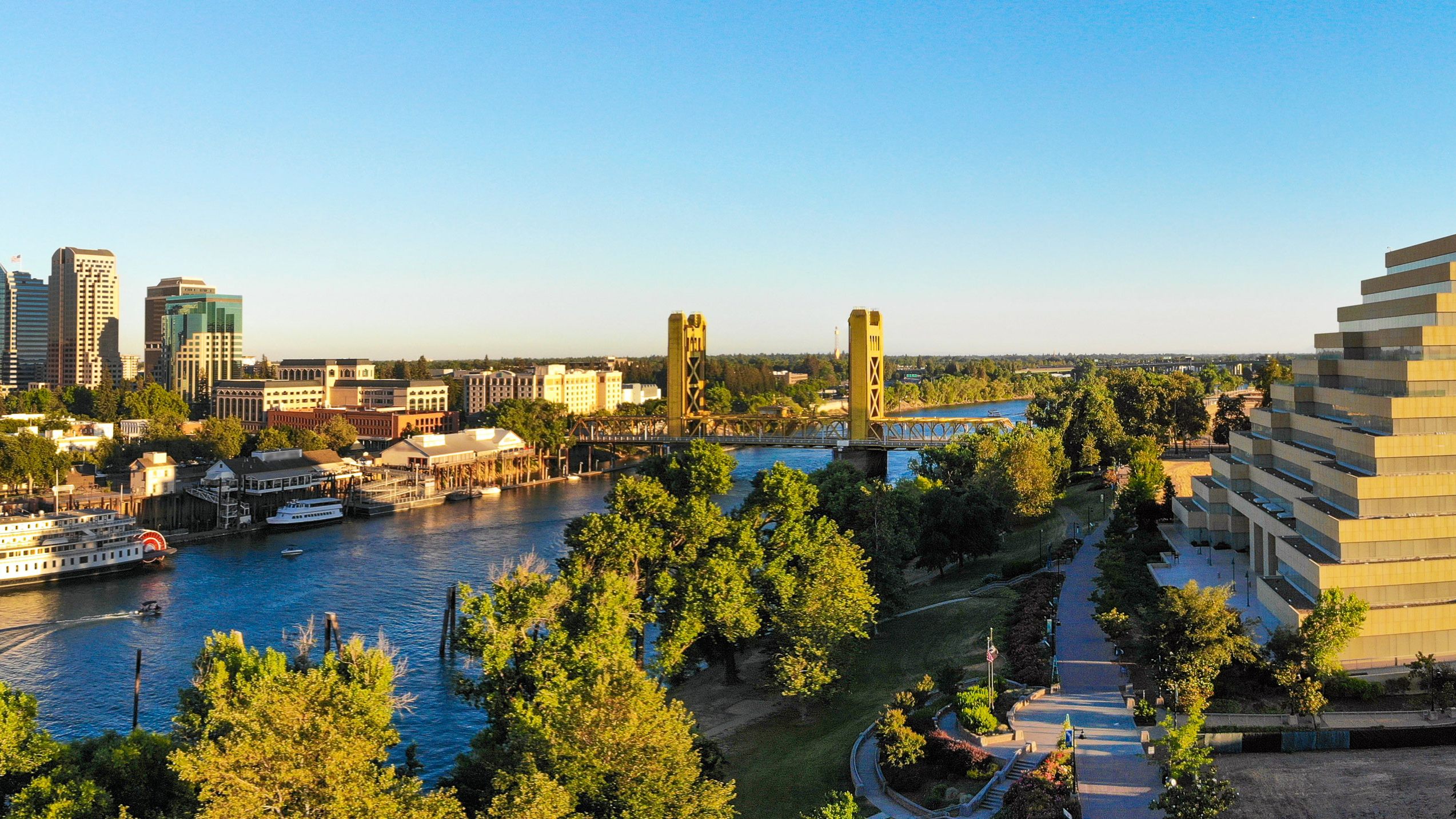 Panoramic view of Sacramento Downtown, Sacramento River, and Tower Bridge.