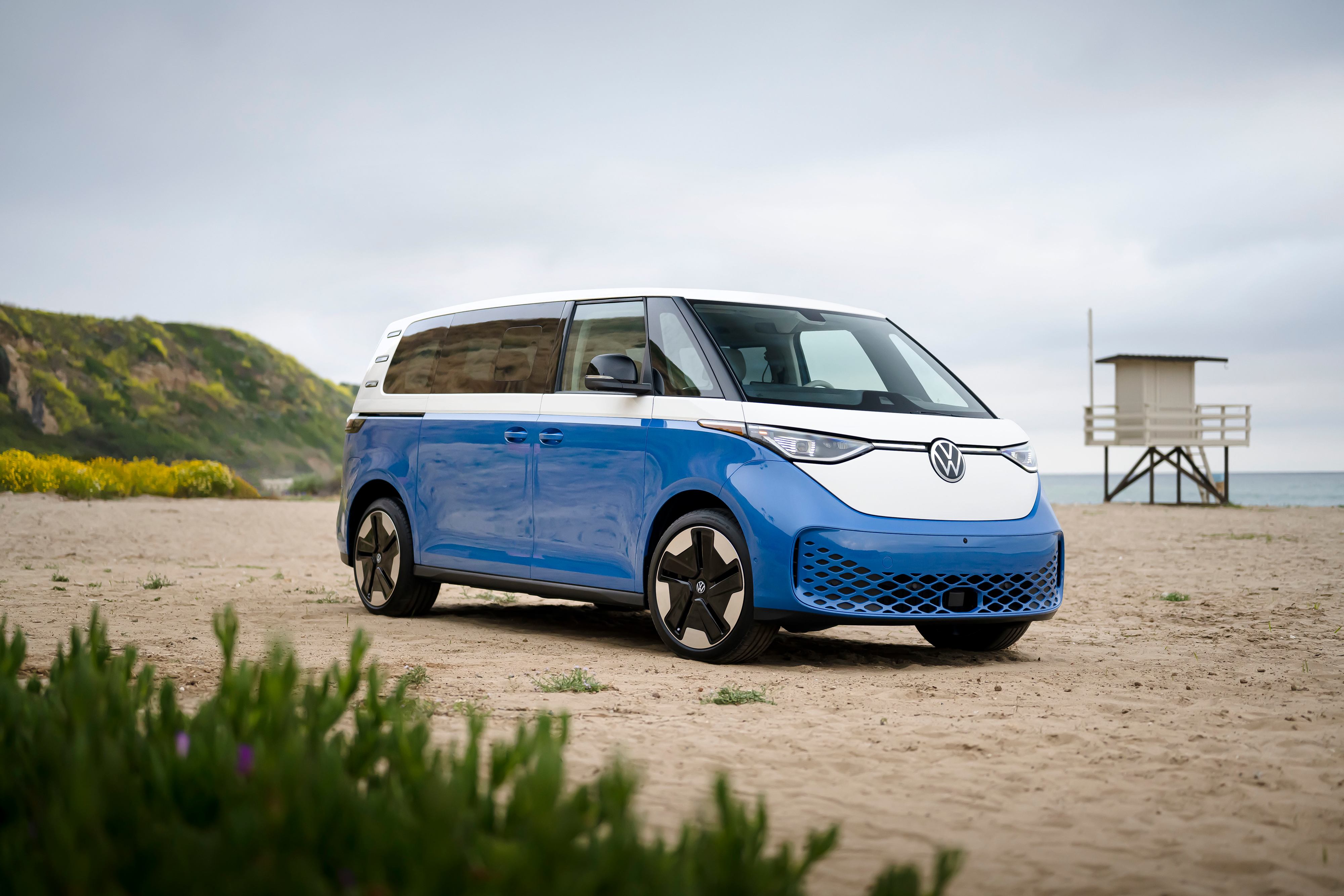 Volkswagen ID.Buzz. parked on a beach.