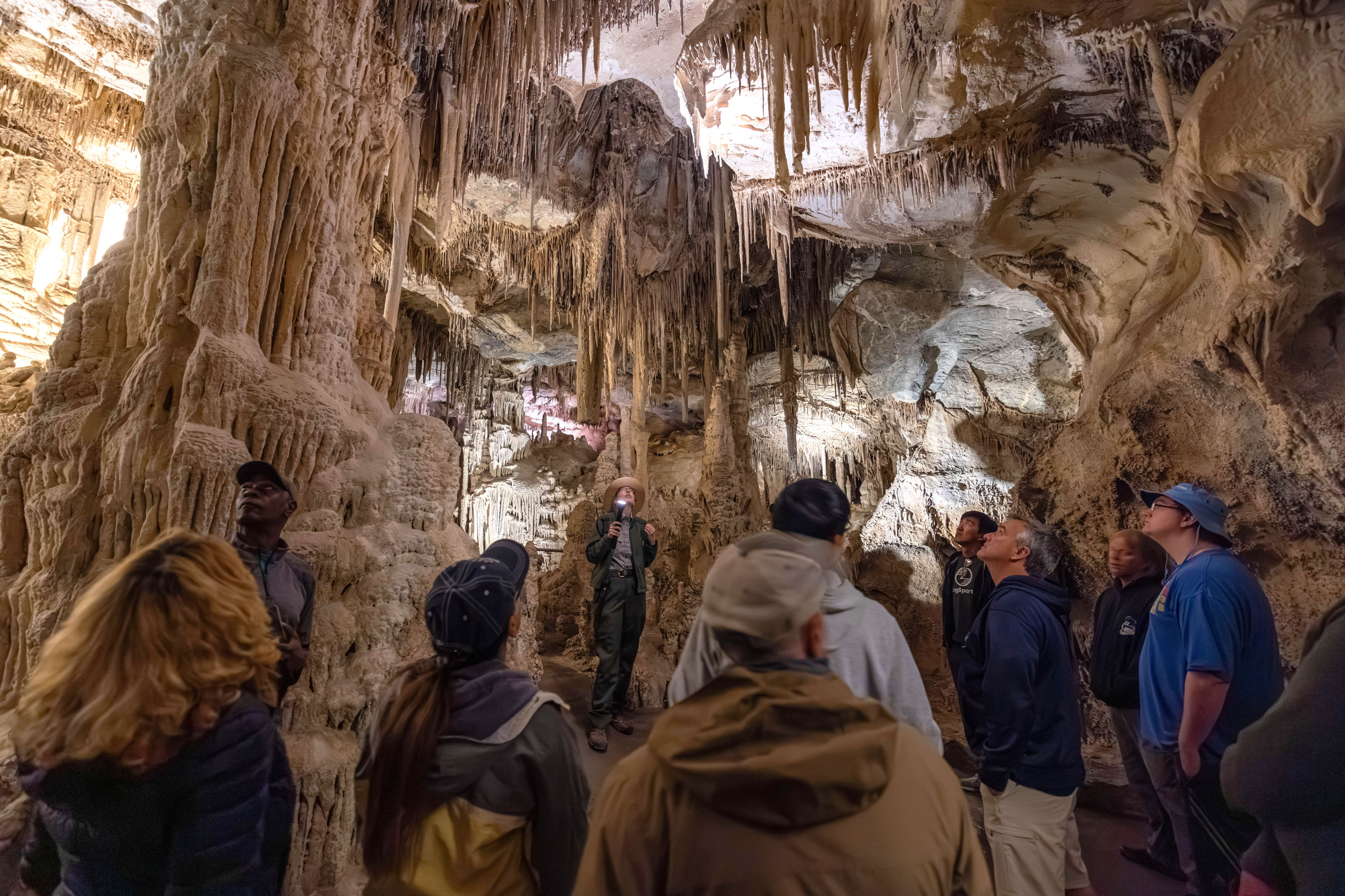 Visitors stare up at the ceiling of a cavern in Great Basin National Park near Baker, Nevada.