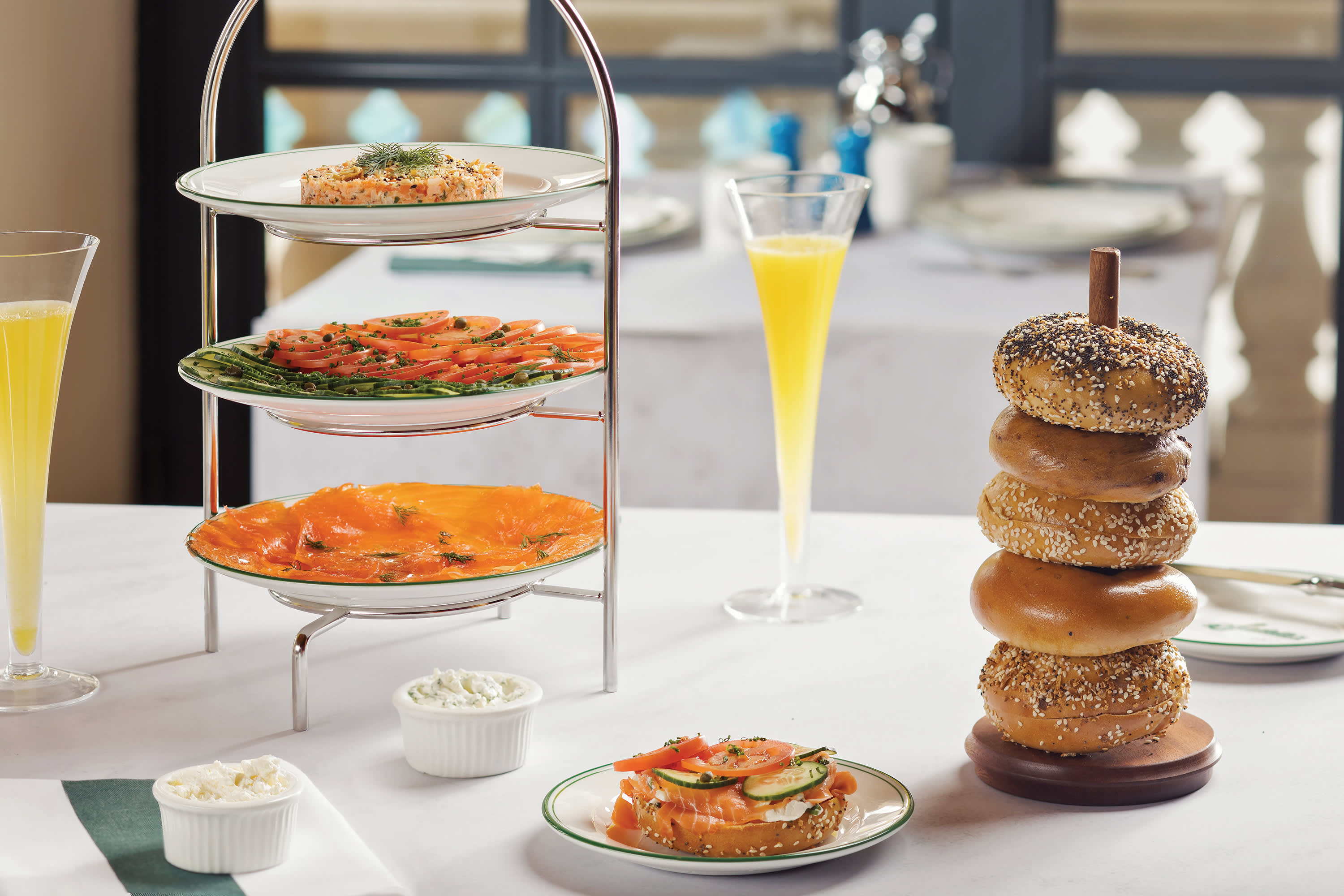 Salmon tower and bagels on a brunch table at Sadelle's inside the Bellagio, Las Vegas.