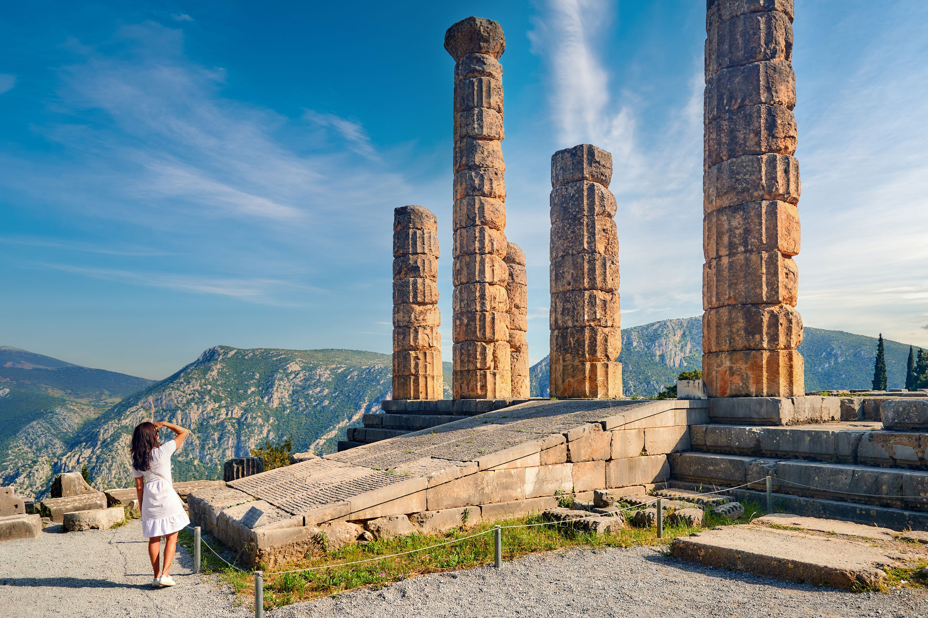 Apollo Temple or Apollonion and its doric pillars on Mount Parnassus, Delphi.