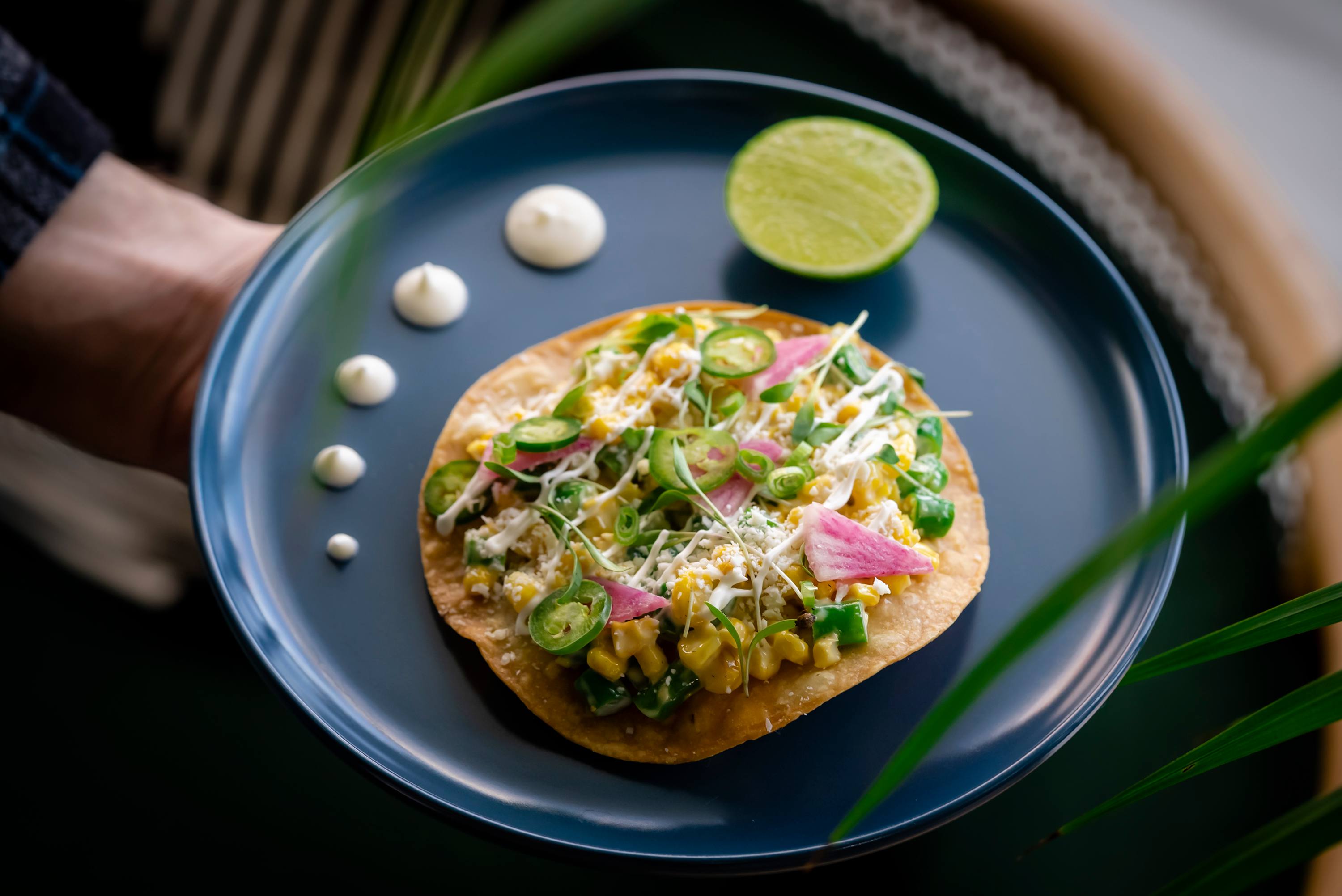 an upscale taco on a corn tortilla on a blue plate